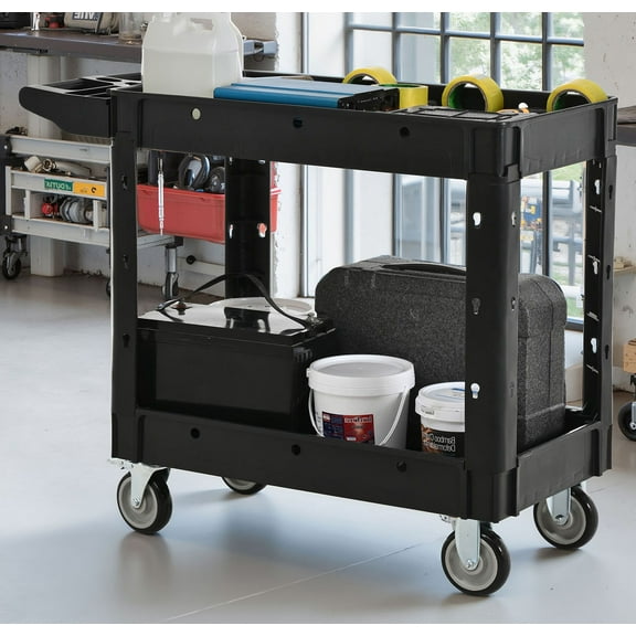 CQSXDA Versatile Two-Shelf Utility Cart with Locking Wheels 600 lbs Capacity Ideal for Auto Garages and Industrial Applications