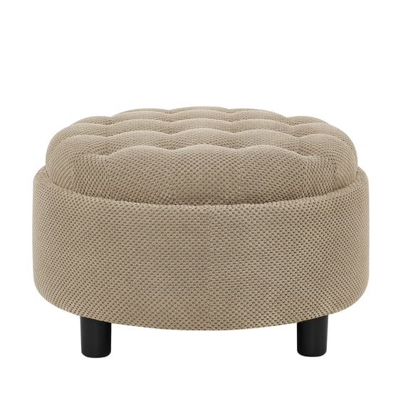 CQSXDA Versatile Upholstered 25 Inch Round Ottoman with Removable Top and Tray for Coffee Table Use in Living Rooms and Bedrooms, Camel