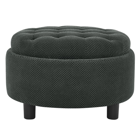 CQSXDA Versatile Upholstered 25 Inch Round Ottoman with Removable Top and Tray for Coffee Table Use in Living Rooms and Bedrooms, Dark Grey