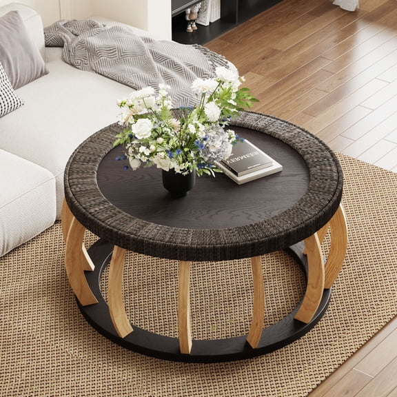 CQSXDA Versatile Vintage Rattan Round Coffee Table Made With Curved Solid Wood Legs 35.43 Inch Boho Style Table For Home Use,
Black Brown