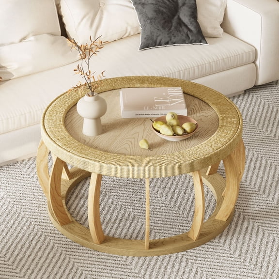 CQSXDA Versatile Vintage Rattan Round Coffee Table Made With Curved Solid Wood Legs 35.43 Inch Boho Style Table For Home Use, Natural