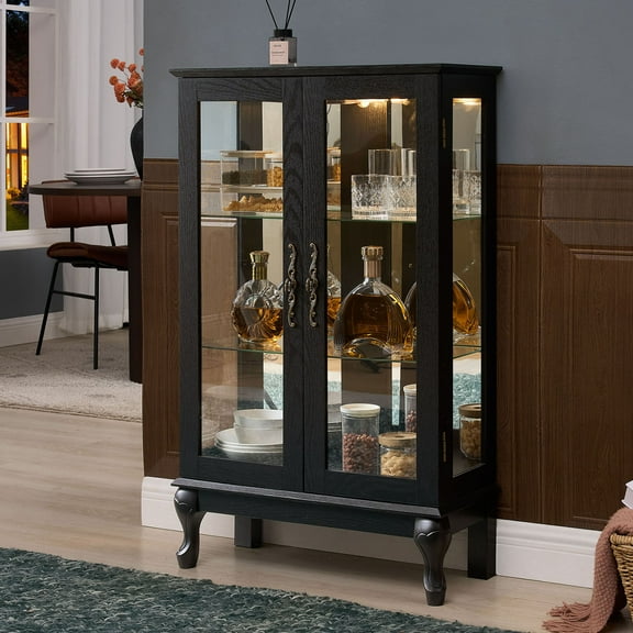 CQSXDA Vintage Charm Lighted Curio Cabinet Black MDF Glass 43" Display Furniture with Adjustable Shelves
