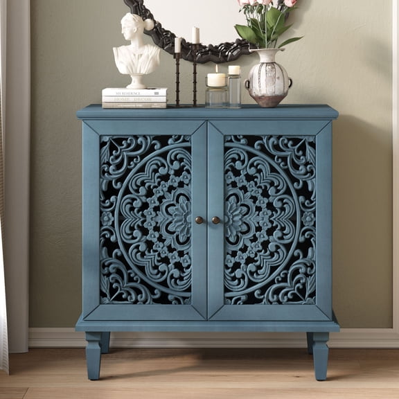 CQSXDA Vintage Hollow-Carved Accent Cabinet with Symmetrical Floral Design, with Adjustable Shelf and Solid Wood Legs 2-Door Sideboard for Living Room Entryway, Antique Blue