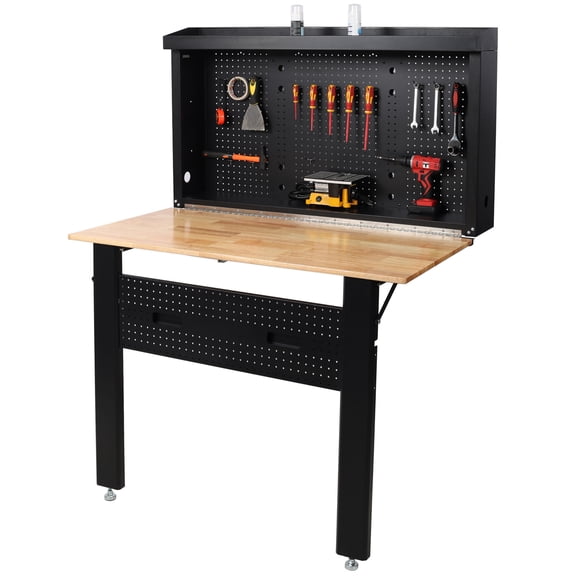 CQSXDA Wall-Mounted Foldable Workbench with Pegboard & Rubberwood Top, 440lbs Capacity, Space-Saving Garage Workshop