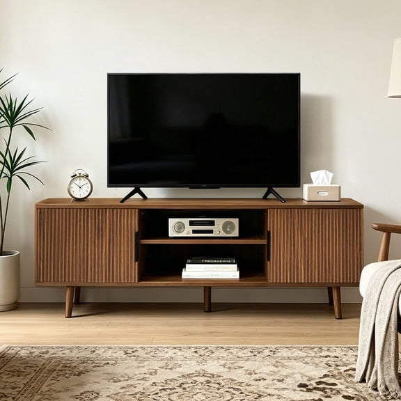 CQSXDA Walnut TV Stand with Fluted Doors 54.3" Mid Century Design Entertainment Center with Smart Storage Solutions