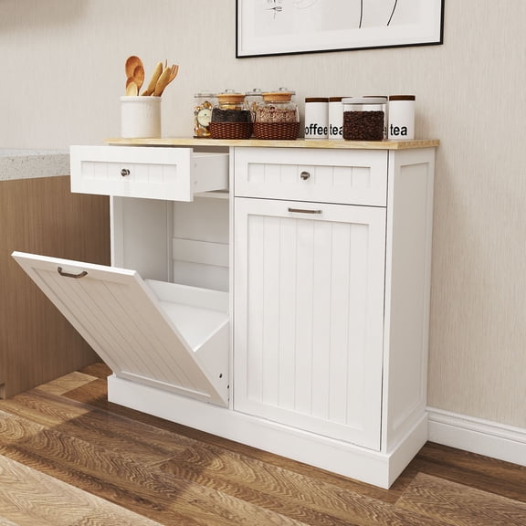 CQSXDA White Kitchen Trash Cabinet With Two Drawers, Tilt-Out Design, MDF Construction For Modern Dcor