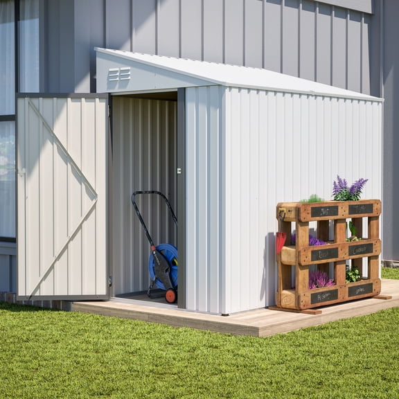 CQSXDA White Metal 4' x 7' Lean-To Storage Shed for Outdoor Garden and Bike Storage with Lockable Door