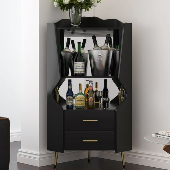 CQSXDA Wooden Corner Bar Cabinet With Mirrored Back And 2 Open Storage Shelves Plus 2 Drawers For Buffets, Black