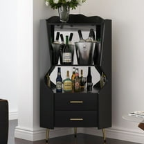 CQSXDA Wooden Corner Bar Cabinet With Mirrored Back And 2 Open Storage Shelves Plus 2 Drawers For Buffets, Black