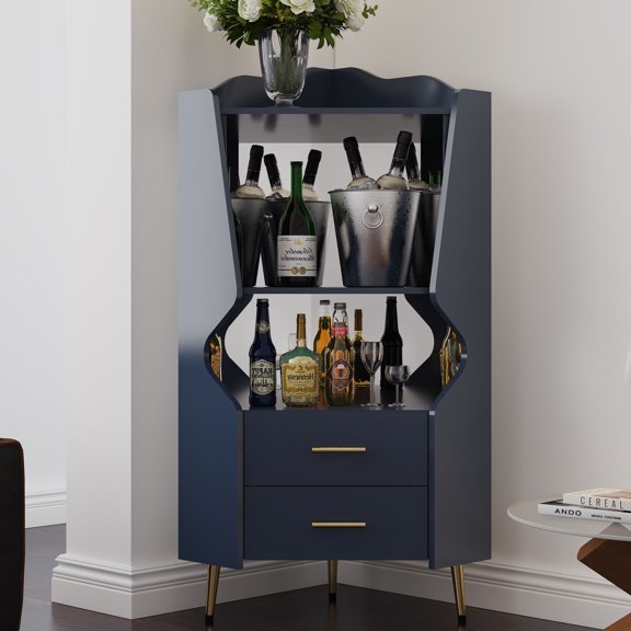 CQSXDA Wooden Corner Bar Cabinet With Mirrored Back And 2 Open Storage Shelves Plus 2 Drawers For Buffets, Blue