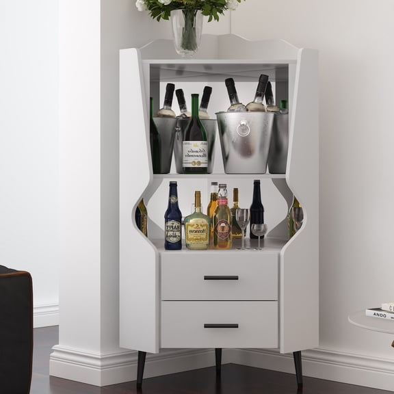CQSXDA Wooden Corner Bar Cabinet With Mirrored Back And 2 Open Storage Shelves Plus 2 Drawers For Buffets, White