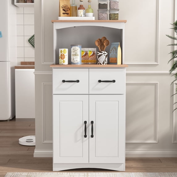 CQSXDA Wooden Kitchen Cabinet , Flat Countertop and 2 Drawers, Kitchen Pantry Storage Cabinet with Adjustable Shelves, Large Open Space for Microwave, (White)