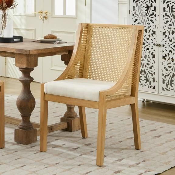 CQSXDA Wooden Style Rattan Dining Chairs, Solid Wood Frame with Linen Upholstered Seat for Kitchen Dining Room,Single Pack