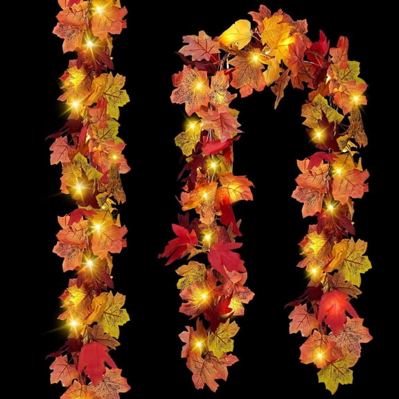 CQURE 2-Pack 11.8Ft Lighted Artificial Fall Maple Leaf Garland, Autumn Hanging Vine for Thanksgiving Decor