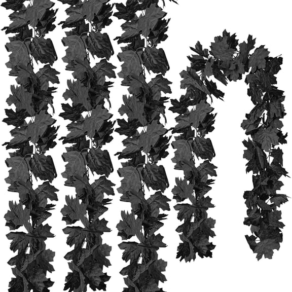CQURE 4-Pack 17.7Ft Artificial Black Fall Maple Leaf Garland, Thanksgiving & Autumn Harvest Hanging Vines for Home Fireplace Mantel Decor