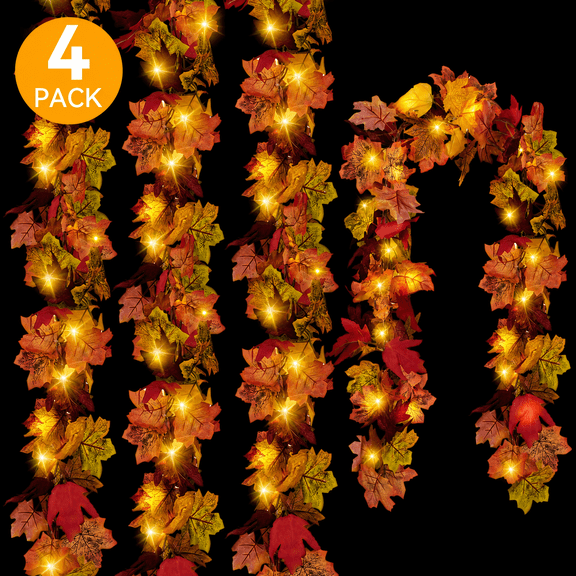 CQURE 4-Pack 23.6Ft Lighted Artificial Fall Maple Leaf Garland, Autumn Hanging Vine for Thanksgiving Decor (4pack) 