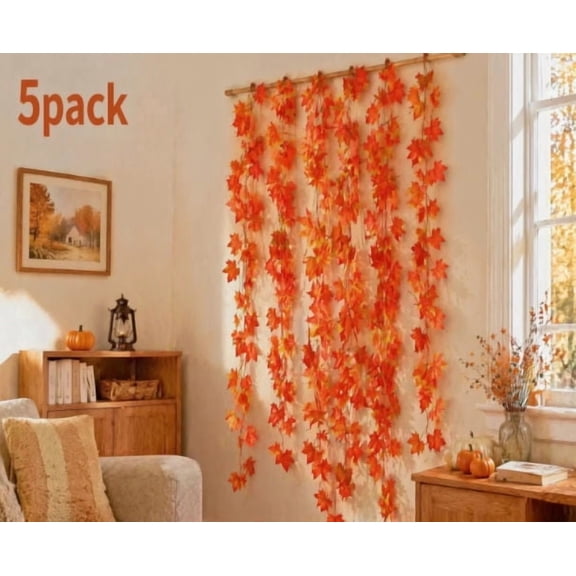 CQURE 5-Pack 35Ft Artificial Fall Maple Leaf Garland, Autumn Hanging Vines for Thanksgiving Home Decor
