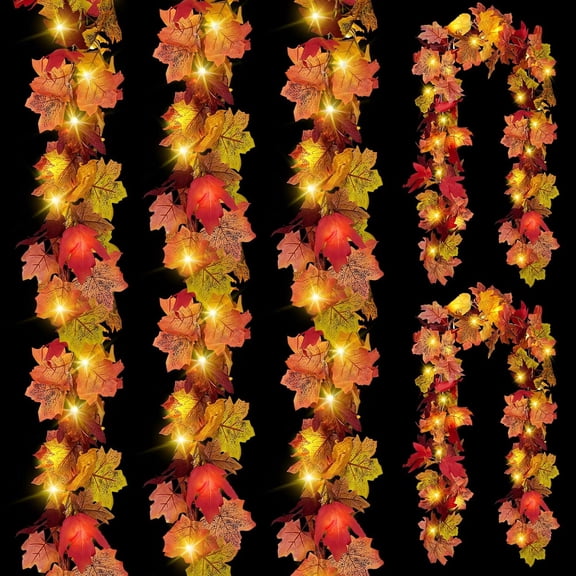 CQURE 5-Pack Lighted Artificial Fall Maple Leaf Garland, Autumn Hanging Vine for Thanksgiving Decor