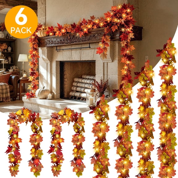 CQURE 6-Pack 35.4Ft Lighted Artificial Fall Maple Leaf Garland, Autumn Hanging Vine for Thanksgiving Decor 6pcs