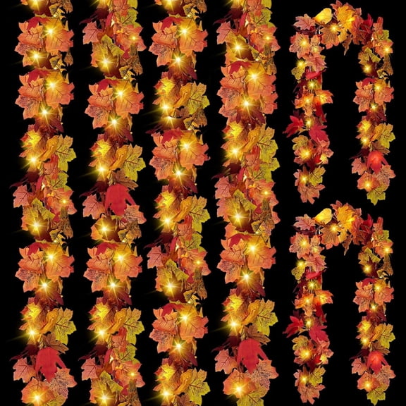 CQURE 6-Pack 11.8Ft Lighted Artificial Fall Maple Leaf Garland, Autumn Hanging Vine for Thanksgiving Decor