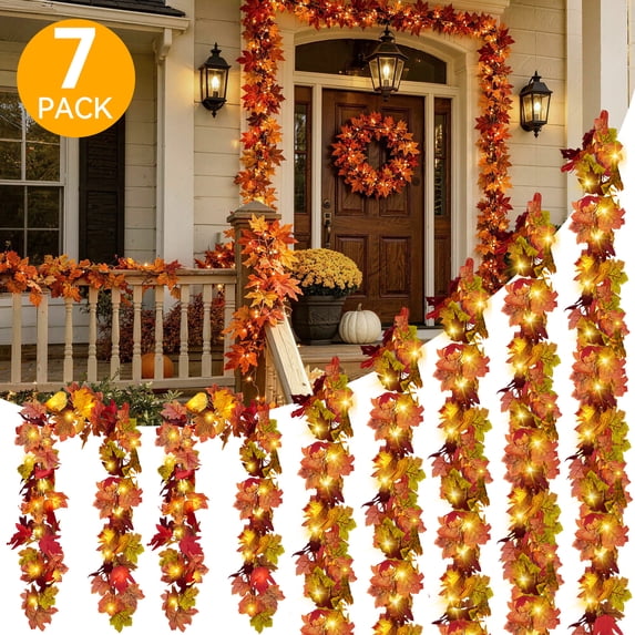 CQURE 7-Pack 41.3Ft Lighted Artificial Fall Maple Leaf Garland, Autumn Hanging Vine for Thanksgiving Decor 7pcs