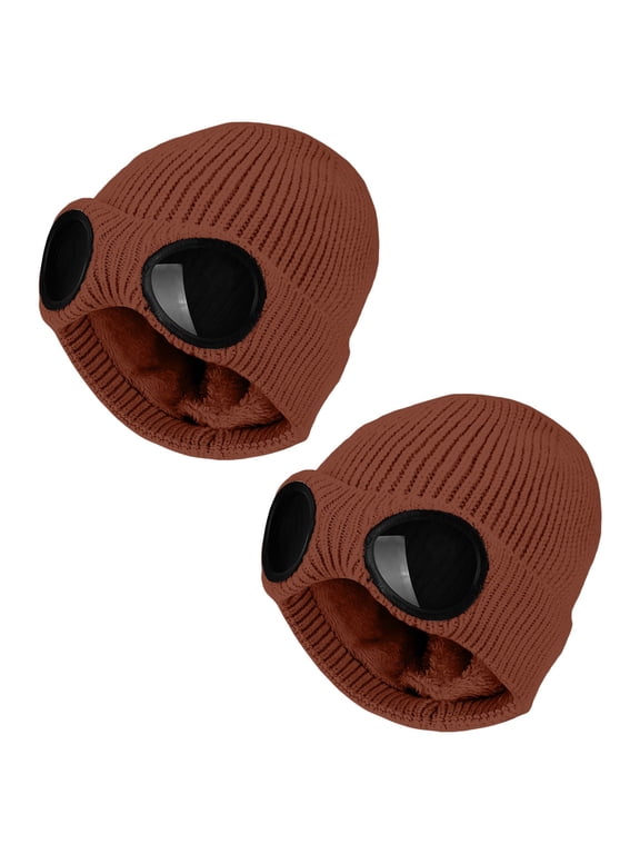 2 Pack Winter Beanie Hats for Men Women, Warm Cozy Knitted Cuffed Skull Cap with Goggles