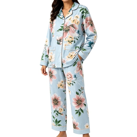 CQXIDFH 2 Piece Sets for Women Patterned Long Sleeve Pajama Set Button Down with Pockets Comfy Fall Sleepwear Soft Comfy Pj Sets