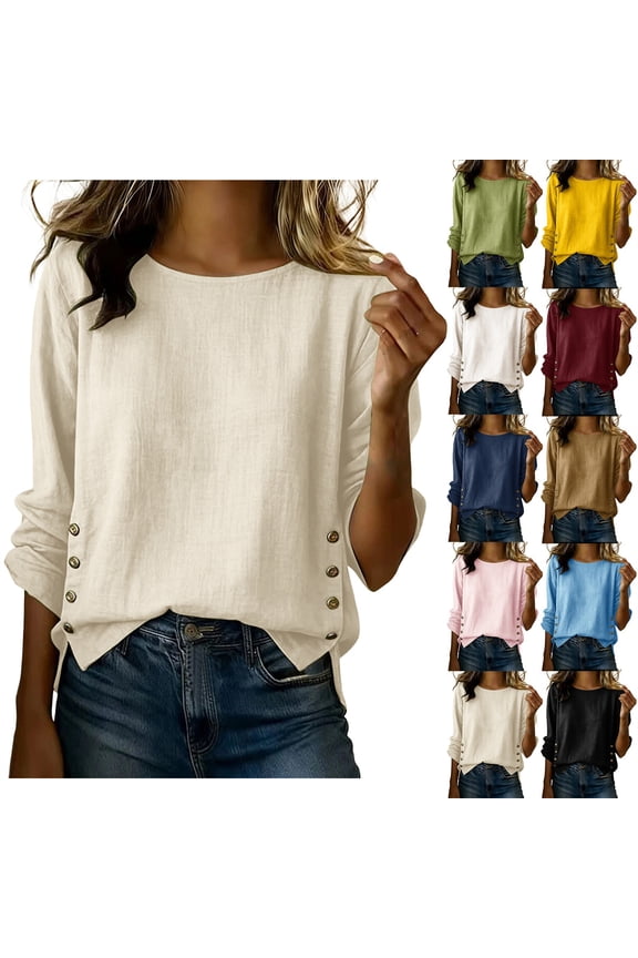 Under $20 Women's Round Neck Long Sleeve Top, Cotton Linen Top for Women Blouses, Office Wear for Women 2026 Business Dressy Spring Summer Fashion Beige T-shirt, XL