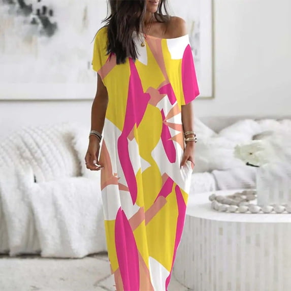 CQXIDFH Cotton Long Nightgowns for Women Loose House Dress with Pockets Short Sleeve Casual Night Gown Print Nightshirt, S-2XL Yellow