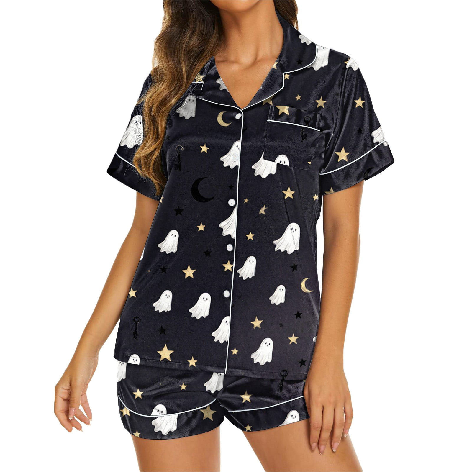 Button Pyjamas CQXIDFH Halloween Button Down Pajamas for Women Spooky Ghost Pumpkin ...