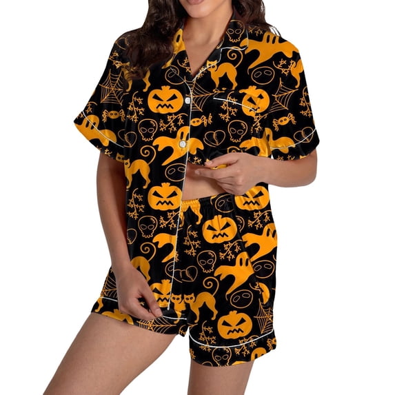 CQXIDFH Halloween Matching Halloween Pajamas Graphic Print Satin Pajama Set Short Sleeve Button Top with Shorts Cute Summer Sleepwear Casual Lounge Home Wear