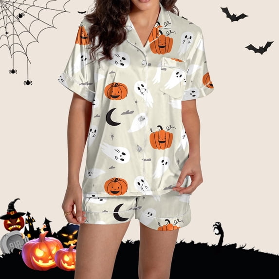 CQXIDFH Halloween Satin Pajamas for Women Short Sleeve Button Down Shirt Shorts 2 Piece Sleepwear Soft Lightweight Holiday Nightwear Lounge Home Outfit, Pajama Sales, 2XL