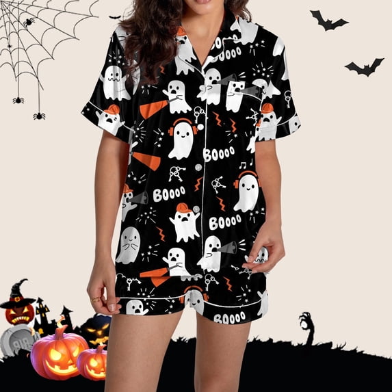 CQXIDFH Halloween Satin Pajamas for Women Short Sleeve Button Down Shirt Shorts 2 Piece Sleepwear Soft Lightweight Holiday Nightwear Lounge Home Outfit, Sleepwear Hot Sales, 2XL
