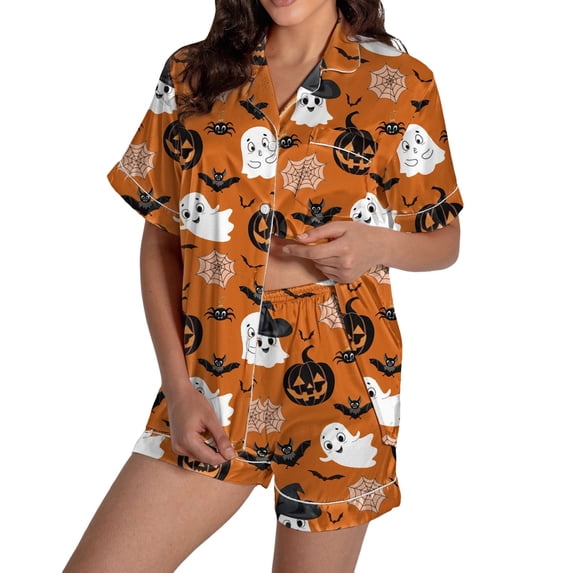 CQXIDFH Halloween Women's Pajamas Graphic Print Satin Pajama Set Short Sleeve Button Top with Shorts Cute Summer Sleepwear Lounge Sets Sleepwear
