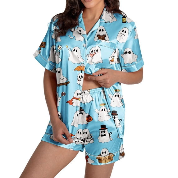 CQXIDFH Matching Halloween Pajamas Plus Size Halloween Pumpkin Print Short Sleeve Button Top and Shorts Set Cute Sleepwear Casual Lounge Home Wear