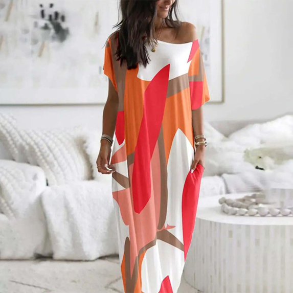 CQXIDFH Nightgowns for Women Short Sleeve Print Loose Loungewear Dress, Oversized Side Pocket Casual Sleep Dress for Summer Home Resort Wear, Sizes S-2XL Orange