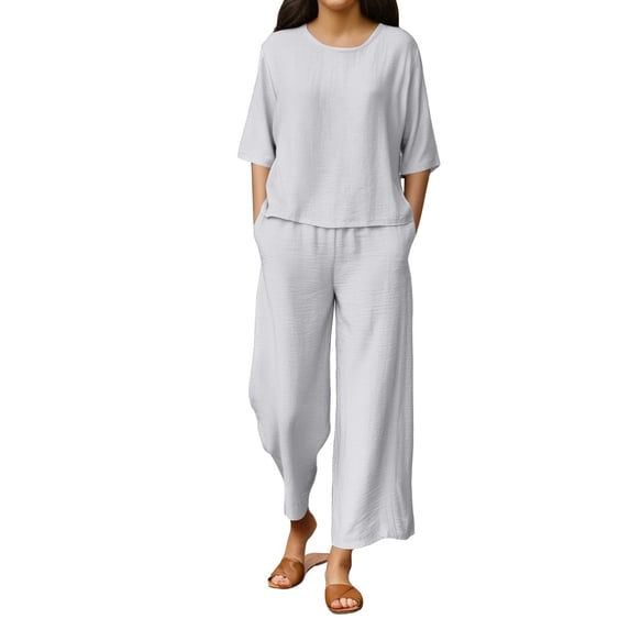 CQXIDFH Pajamas Set for Women Cotton Linen 2 Piece Set Breathable Top with Wide Leg Pants Loose Summer Wear Pjs Lounge Set