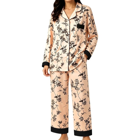 CQXIDFH Pajamas Set for Women Patterned Long Sleeve Pajama Set Button Down with Pockets Comfy Fall Sleepwear Pjs Lounge Set