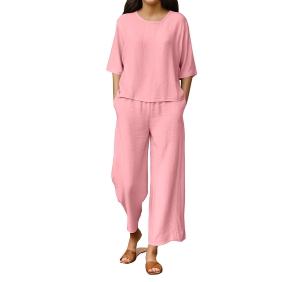 CQXIDFH Pajamas for Women Cotton Linen 2 Piece Set Breathable Top with Wide Leg Pants Loose Summer Wear Soft Comfy Pj Sets
