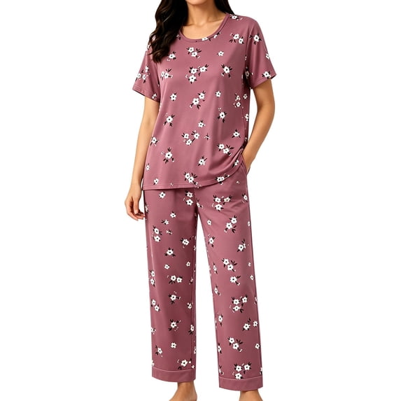 CQXIDFH Pajamas for Women Cotton Short Sleeve Pajama Set Top with Pants Summer Sleepwear for Comfort Soft Comfy Pj Sets