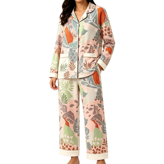 CQXIDFH Pajamas for Women Patterned Long Sleeve Pajama Set Button Down with Pockets Comfy Fall Sleepwear Soft Comfy Pj Sets