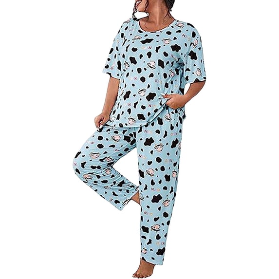 CQXIDFH Pajamas for Women Plus Size Cow Print Short Sleeve Top and Pants Pajama Set Sleepwear Soft Comfy Pj Sets