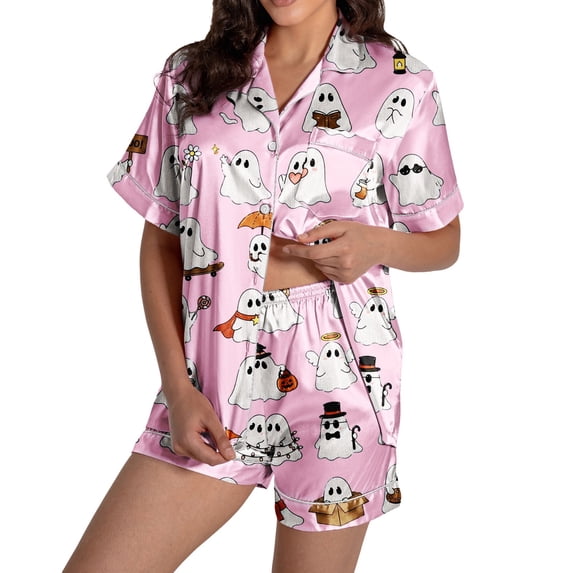CQXIDFH Pajamas for Women Plus Size Halloween Pumpkin Print Short Sleeve Button Top and Shorts Set Cute Sleepwear Pjs Lounge Set
