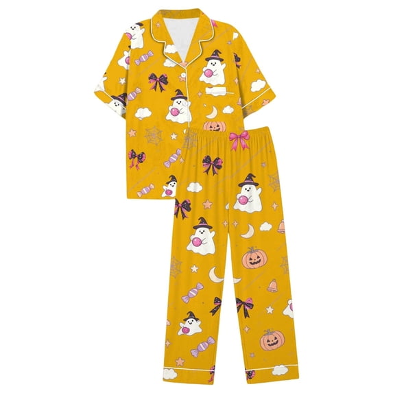 CQXIDFH Pajamas for Women Set Plus Size Halloween Pumpkin Print Short Sleeve Top with Long Pants Set Fall Sleepwear Soft Comfy Pj Sets