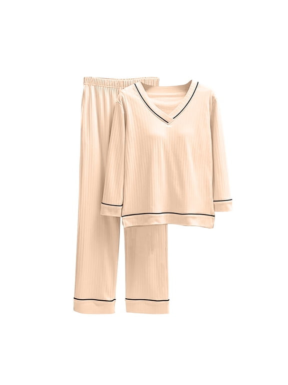 Pajamas for Women Set Plus Size V-Neck Pajama Set with Built-in Support Long Sleeve Loose Casual Home Wear Lounge Sets Sleepwear
