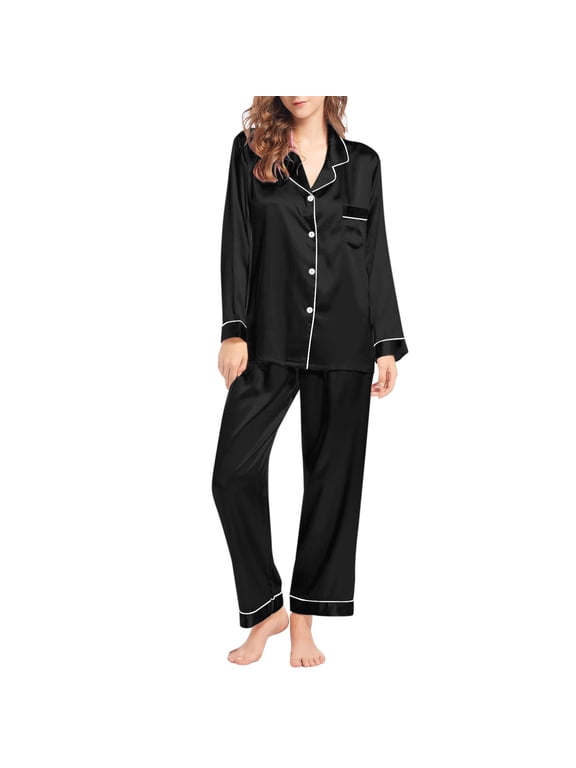 Pajamas for Women Set Silk-Like Long Sleeve Pajama Set 2 Piece Nightwear Loungewear for Cool Weather Lounge Sets Sleepwear
