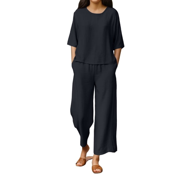 CQXIDFH Pj Sets for Woman Cotton Linen 2 Piece Set Breathable Top with Wide Leg Pants Loose Summer Wear Casual Lounge Home Wear