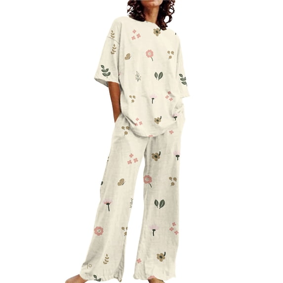 CQXIDFH Pj Sets for Woman Plus Size Floral Print O-Neck Short Sleeve Pajama Set Loose Summer Sleepwear Casual Lounge Home Wear