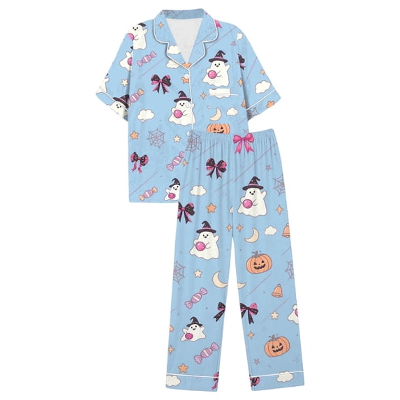 CQXIDFH Pj Sets for Woman Plus Size Halloween Pumpkin Print Short Sleeve Top with Long Pants Set Fall Sleepwear Comfy Soft Sleepwear