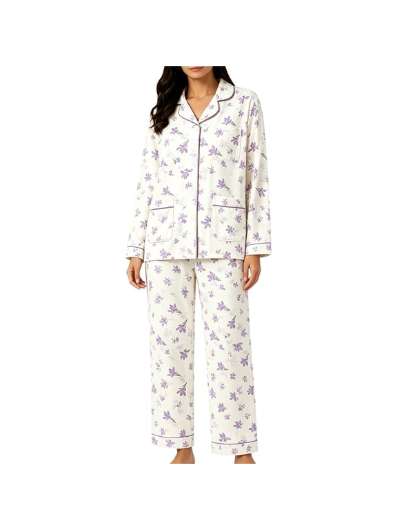 Pjs Sets for Women Patterned Long Sleeve Pajama Set Button Down with Pockets Comfy Fall Sleepwear Lounge Sets Sleepwear